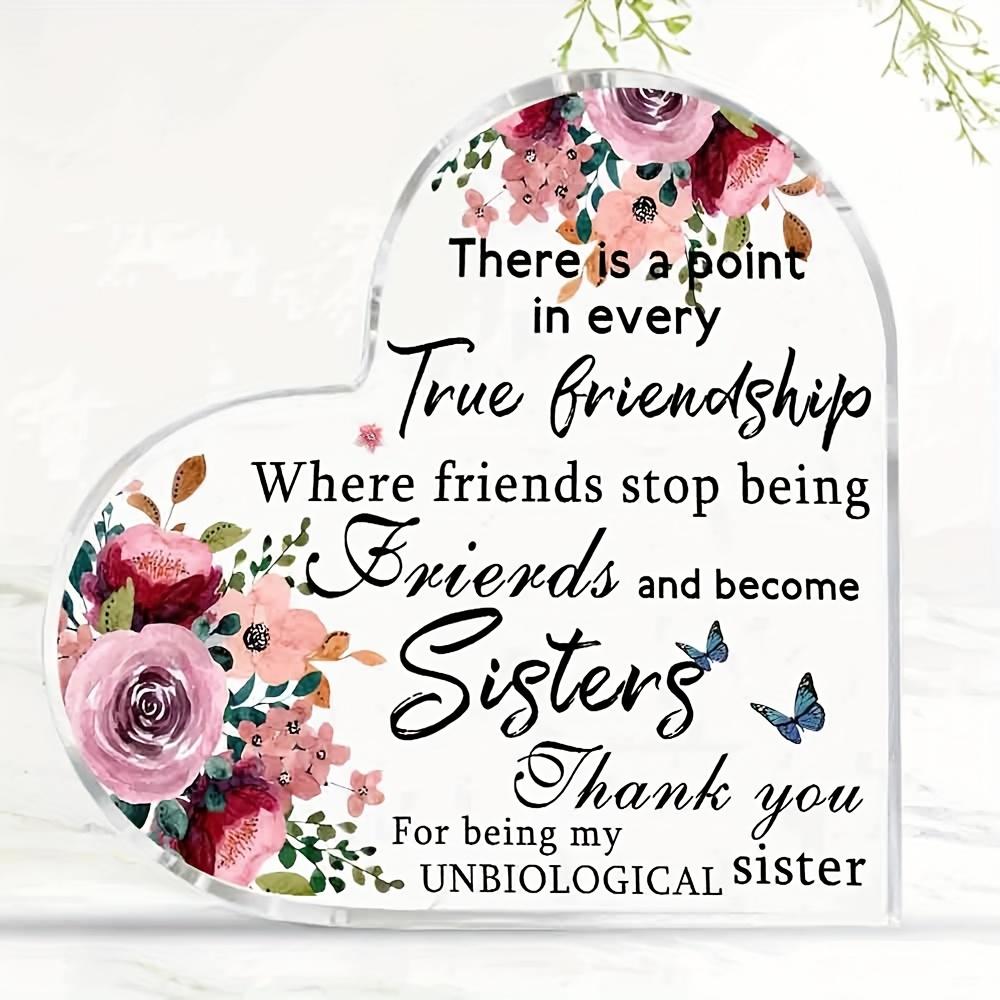 Heart-Shaped Sisterhood Keepsake - Pink & Red Roses Acrylic Plaque with "True Friendship To Sisters" Message, Unbiological Sister Gift for Birthday,