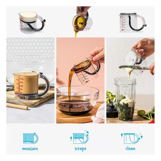 4-in-1 Adjustable Measuring Mess-free Glass Cup Measuring Cup with Scraper Edges Multi-Functional Kitchen Essential for Baking Cooking