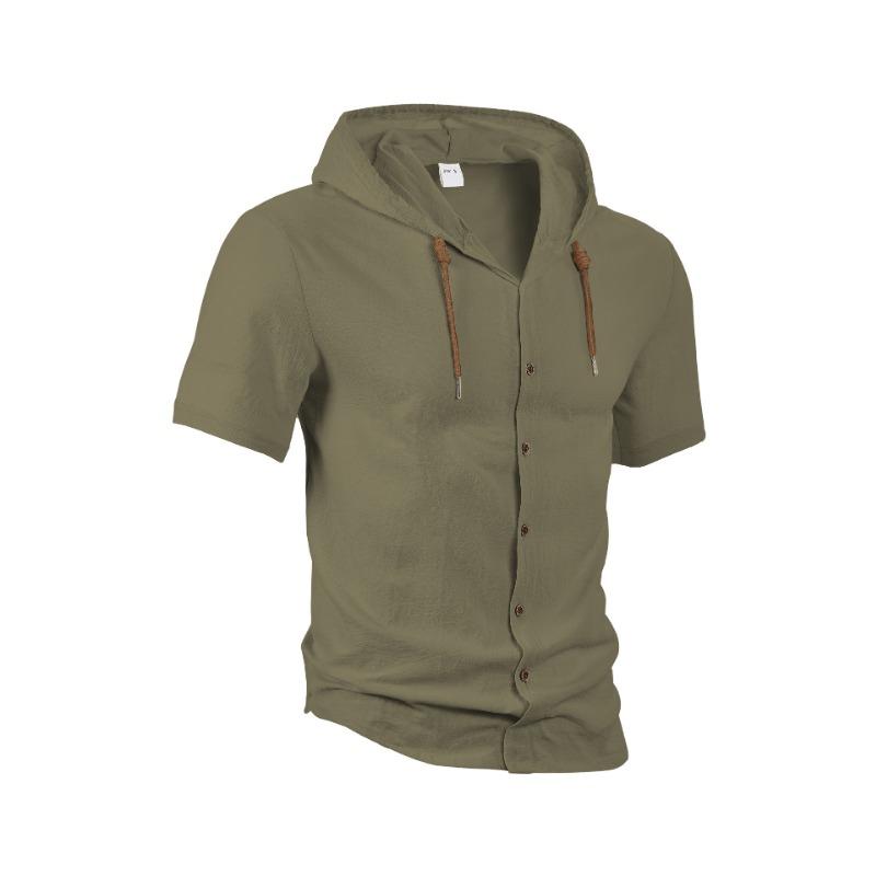 Men's Solid Color Cotton and Linen Cardigan Trendy and Versatile Loose Casual Short-sleeved Men's Shirt Hoodie