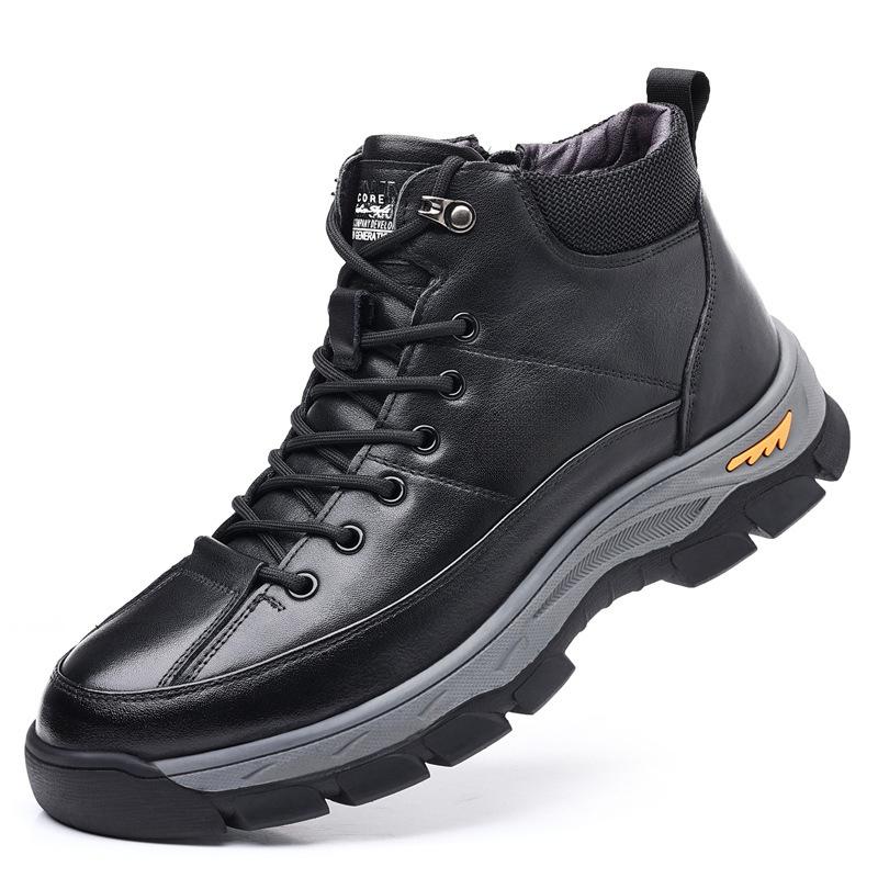 

Мужские хлопковые ботинки из коровьей кожи высшего слоя с мехом, ремешками из натуральной кожи и плюшевой толстой подошвой, походные ботинки, мужские ботинки с высоким верхом 44