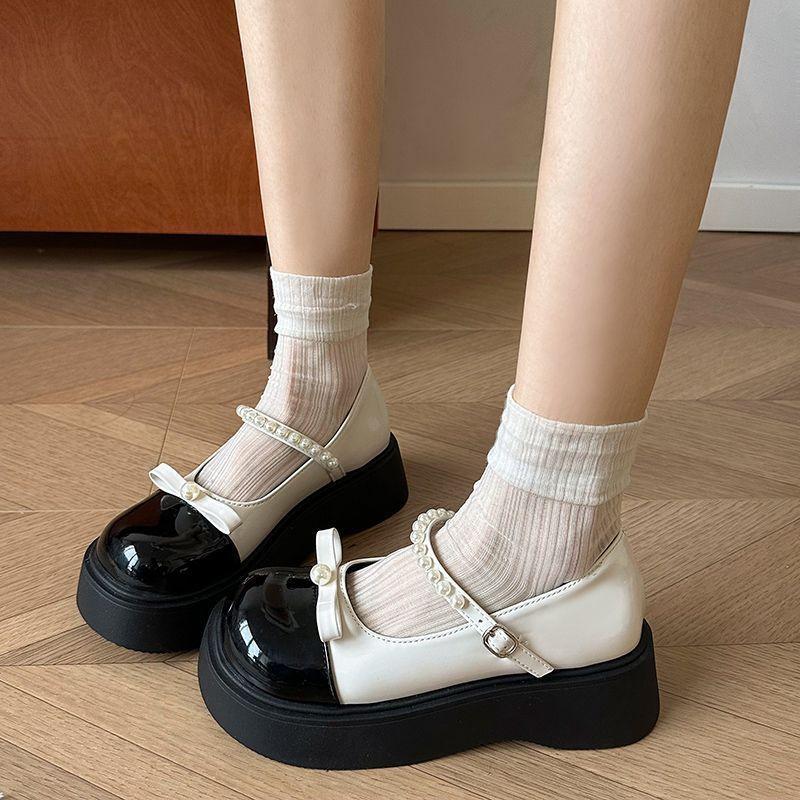 Sweet Bow Muffin Bottom Round Head One-word Buckle Single Shoes French Mary Jane Small Leather Shoes Women's 2025 Spring and Summer New Models