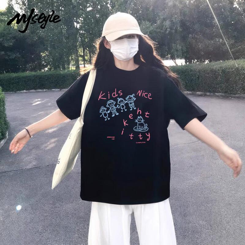 MJ STYLE Women s Pure Cotton Cat Graphic T-Shirt L