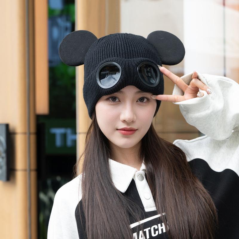 Glasses Wool Hat Women'S Autumn And Winter Cold And Warm Knitted Hat Cute Big Ears Personalized Fashion Ski Ear Protection