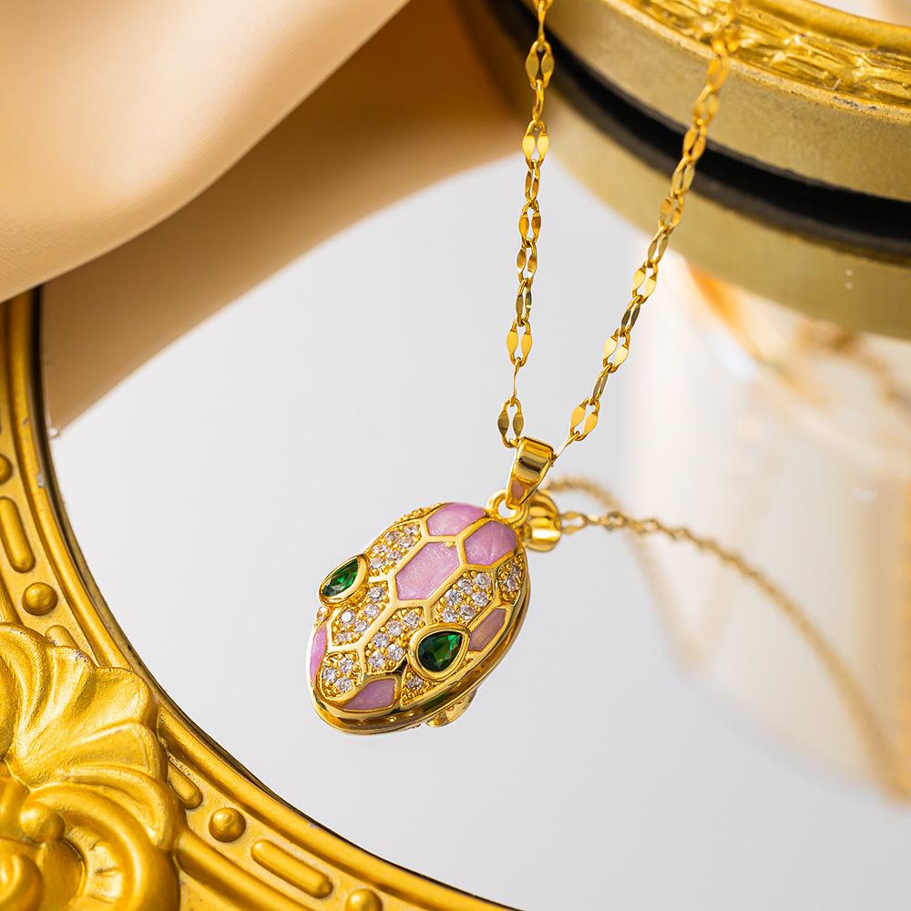Female Pink Purple Greeen Blue Enamel Snake Animal Pendant Necklace Vintage Gold Color Wedding For Women