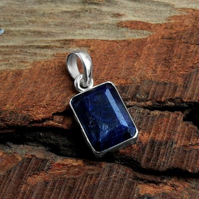 Handgefertigter blauer Saphir-Anhänger mit Kette 925 Sterling Silber Schmuck
