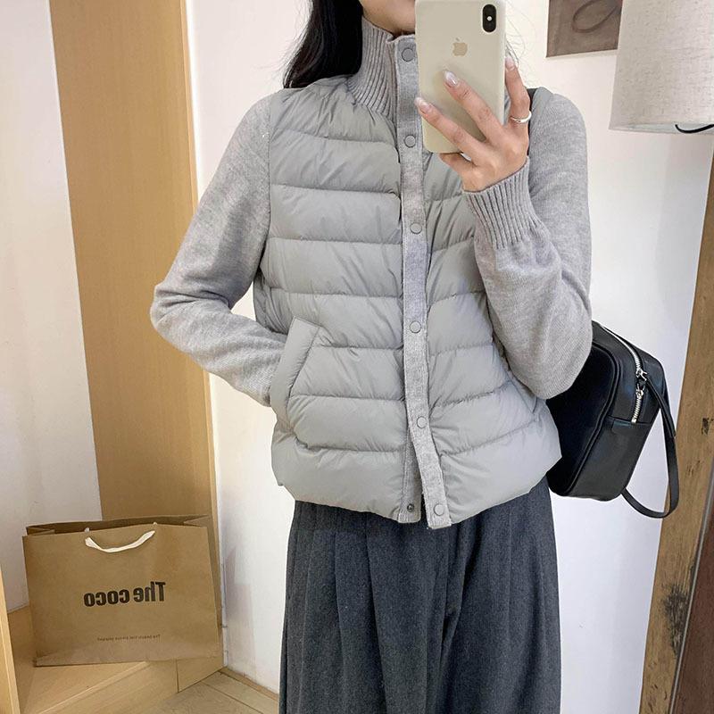 White Duck Down Knitted Sleeves Splicing Down Jacket Women's Short Winter Turtleneck Slim and Thin Top Trendy
