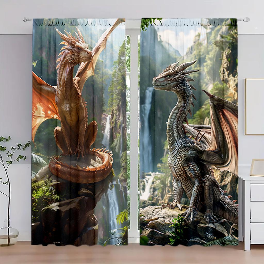 2pcs Domineering Dragon Printed Curtain for Home Decor - Rod Pocket Window Treatment for Bedroom, Office, Kitchen, Living Room,