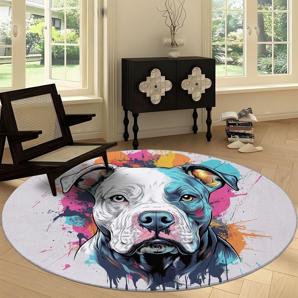 Cartoon Animal Bulldog Print Round Area Rug,Cartoon Animals Washable Circular Carpet Runner - Non Slip Circle Rug Carpet