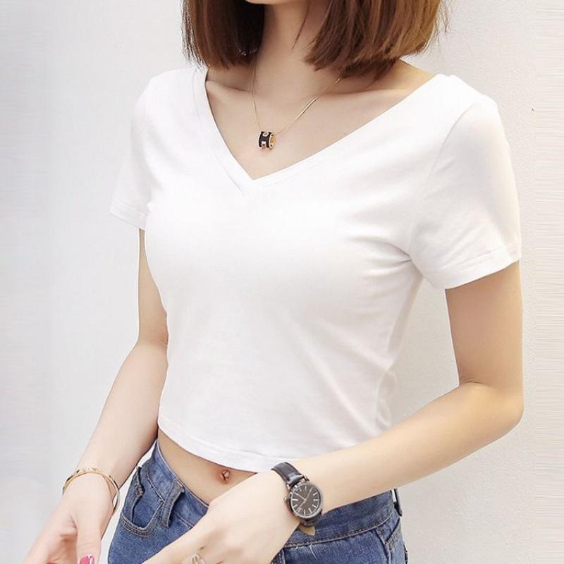 Double V-Neck Sweetheart High-Waist Crop Top - Short-Sleeved, Backless, Casual Versatile T-Shirt