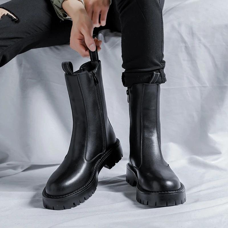 Hochwertige Neue Design Schwarze Lederstiefel für Herren Plateau-Stiefel Britischer Stil Herren Basic-Stiefel Reißverschluss High-Top-Schuhe für Herren