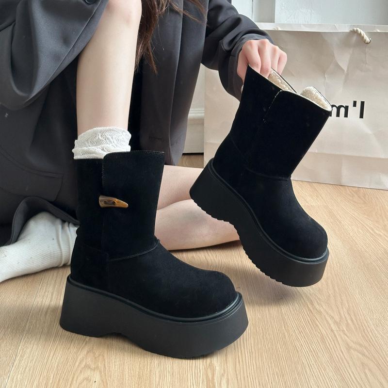 2025 Winter New Round Head Thick Sole Height Increase Two Wear Snow Boots Women's Korean Version Velvet Warm Snow Boots Women's Cotton Shoes