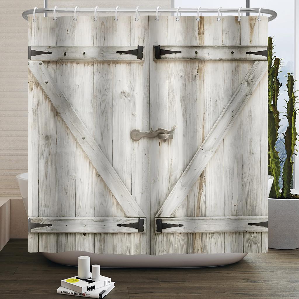 Retro Wood Door Shower Curtain Farmhouse Country Vintage Farm Barn Wooden Waterproof Polyester Shower Curtain for Bathroom Decor