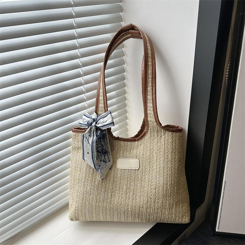 

Summer woven bag 2025 new vacation beach bag rope knot shoulder bag woven vegetable basket portable tote bag коричневий