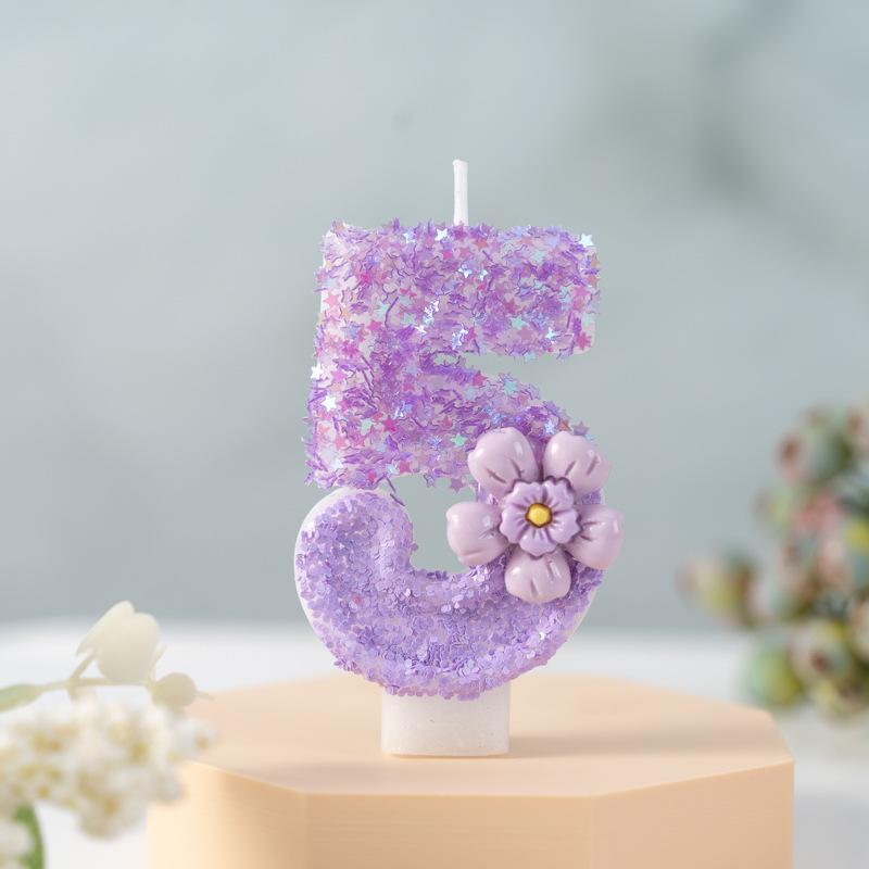 Purple Flowers Creative Numbers Birthday Candles First Year Cake Party Decoration