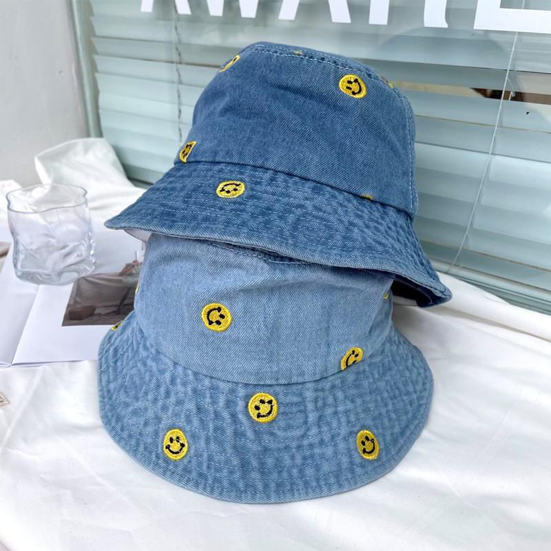 Simple Smiley Face Casual Denim Fisherman Hat Women Harajuku Vintage Bucket Hat Korean Style Spring Summer Sun Hat Men 2021