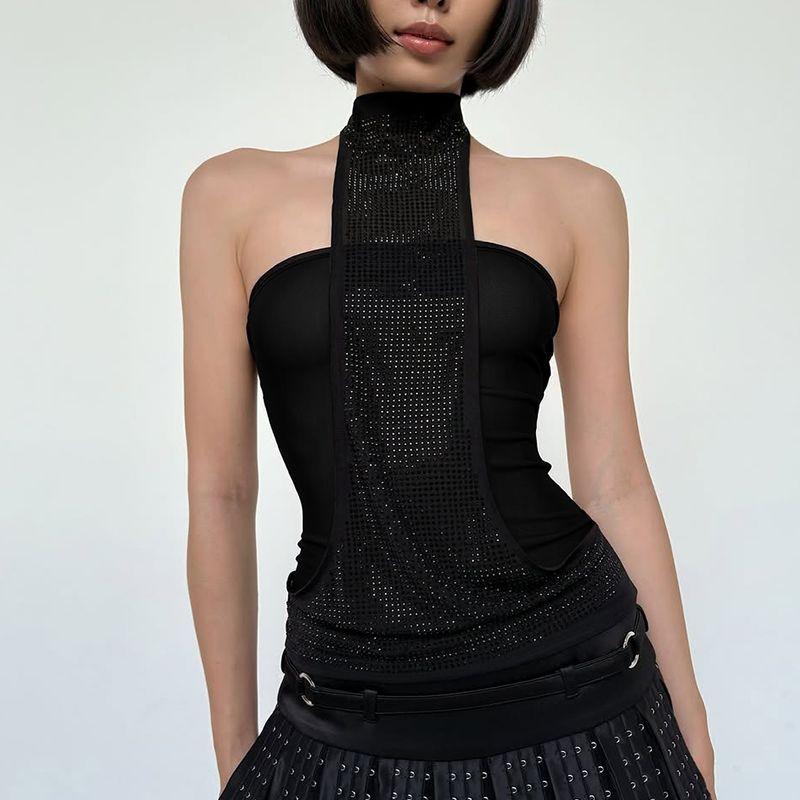 

Gusty Street American Style Sexy Rhinestone Halter Spaghetti Straps Vest Female Retro Y2g Millennium Style Sexy Open Back Tops Black M