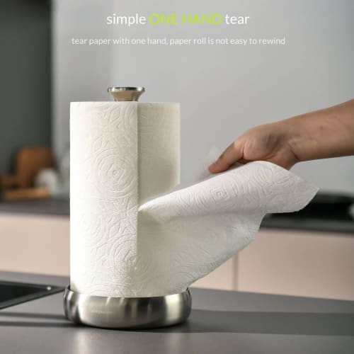 Simpletome Kitchen Paper Holder, Tabletop, One-Hand Tear, Rolled-Up Storage, Weighted Base (304 Brushed Silver)