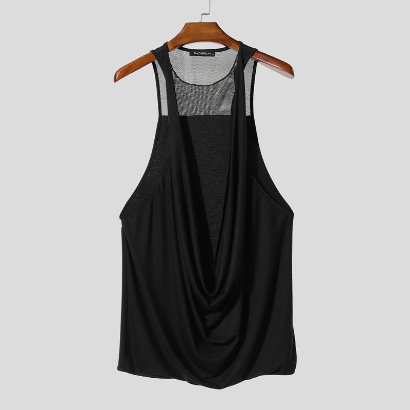 

INCERUN Sexy Deep Swing Collar Sleeveless Mesh Patchwork Long Tank Tops Partywear 5XL чёрный