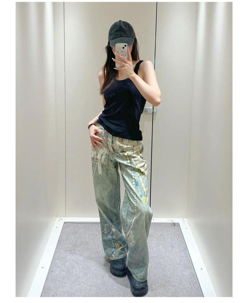 Jeans Casual Strappati con Orlo in Pizzo 3D e Stampa a Catena di Perle