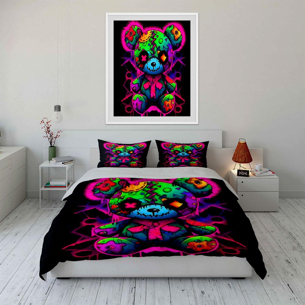 Vibrant Graffiti Teddy Bear Bedding Duvet Cover Set (1*Duvet Cover 2*Pillowcases, Without Duvet Insert)