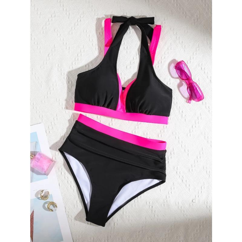 Vintage Black Patchwork Bikini Set 2025 Women Double Strap V Neck Push Up Pleate High Waist Swimsuit Beach Bathing Suit Swimwear