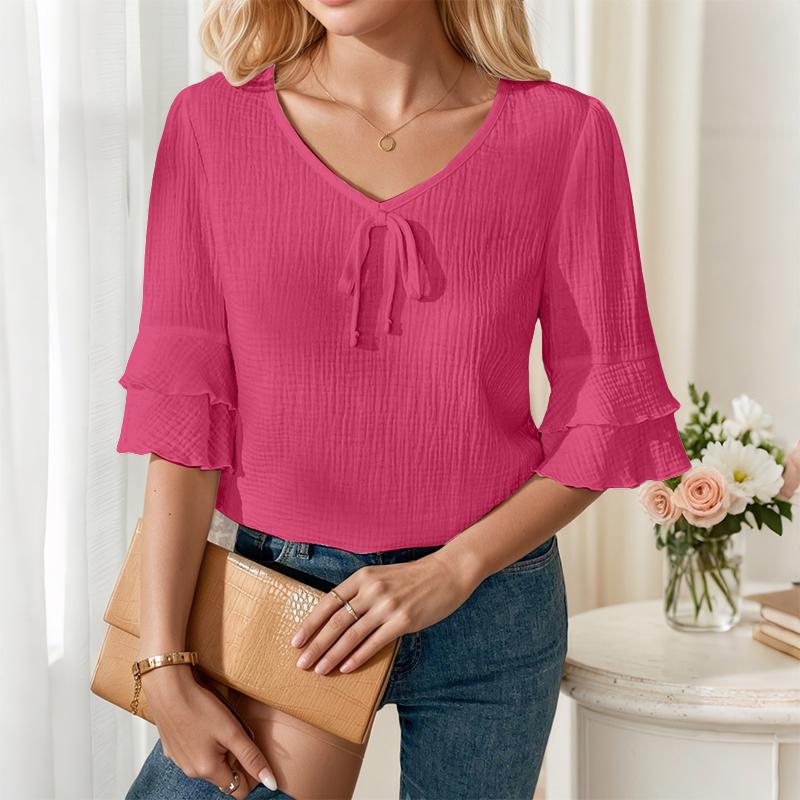 

ZANZEA Женская повседневная блузка с V-образным вырезом, свободного кроя, с рукавами 3/4, летняя L темно-розовый