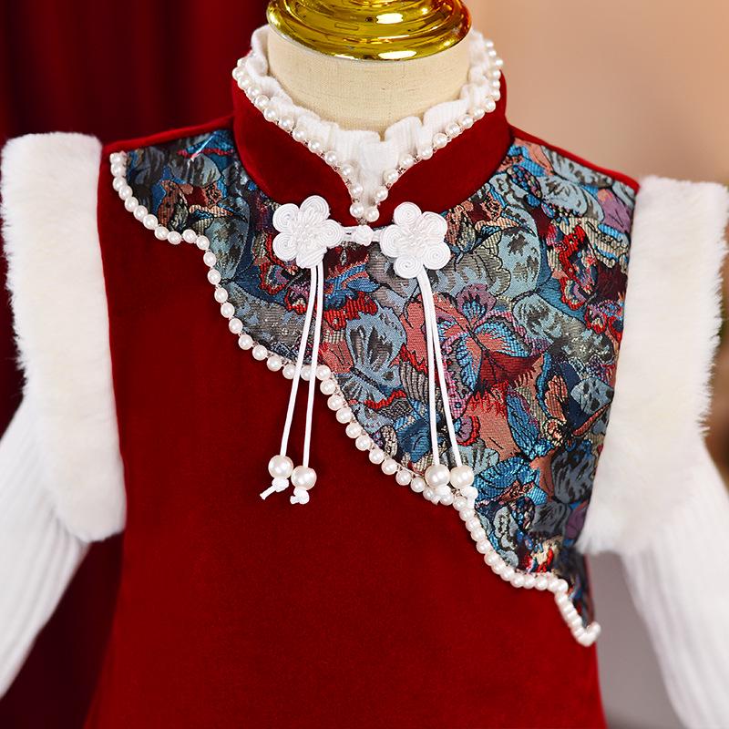 Dívčí zimní teplé plyšové šaty čínského stylu cheongsam hanfu - malé a střední velikosti
