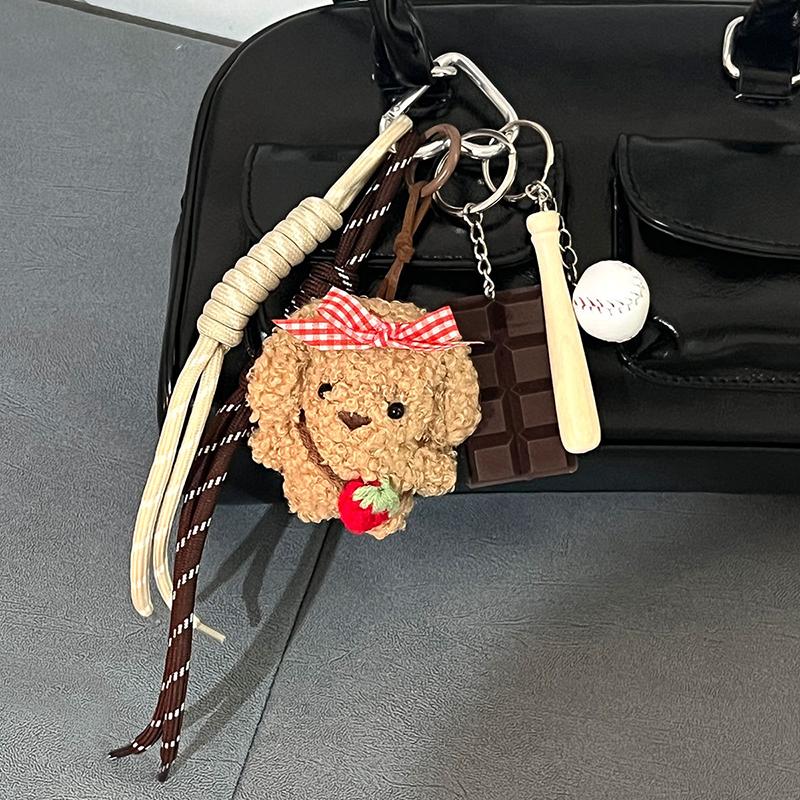 Kawaii Bowknot Puppy Doll Keychain Y2K Plush Doll Keyring Braided Rope Key Holder Women Bag Pendant Bag Key Accessories