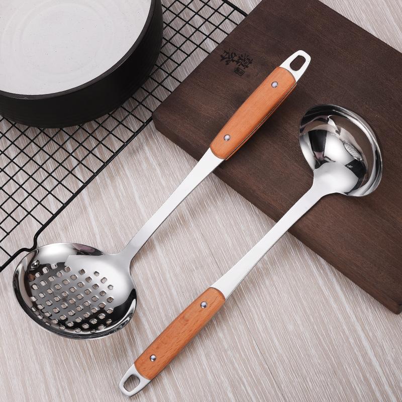 Pogrubiona Stal Nierdzewna Uchwyt Bukowy Łopatka do Gotowania Zestaw Przyborów Kuchennych Domowa Łyżka do Congee, Duża Łyżka z Otworami, Łyżka do Gotowania