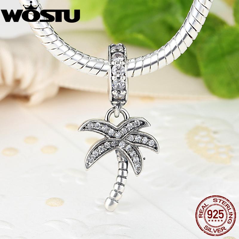 WOSTU Real 925 Sterling Silver Sparkling Palm Tree Charm With Clear CZ Fit Original Bracelet Pendant Authentic Jewelry