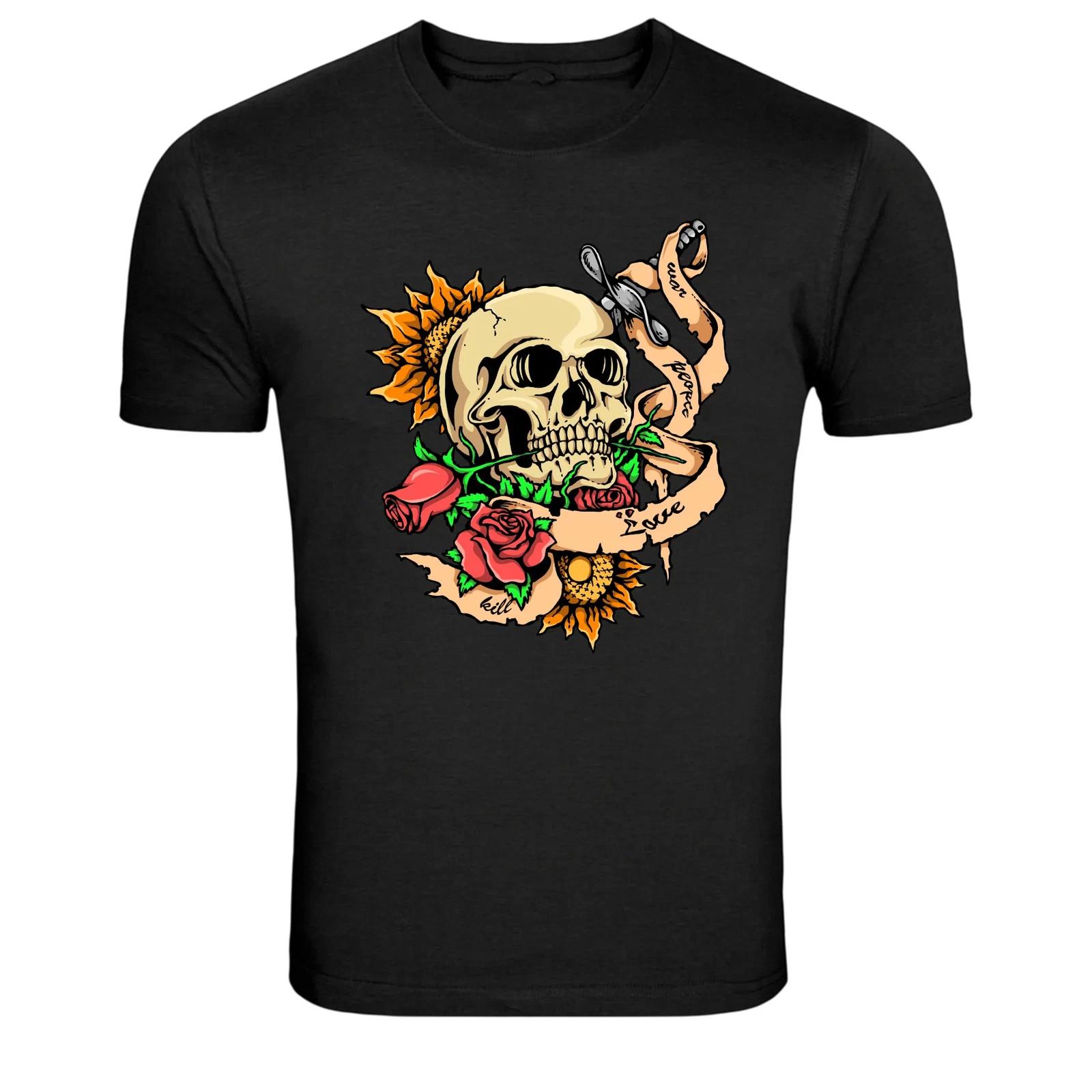 Skull Roses Dagger Tattoo Style Graphic T-Shirt L