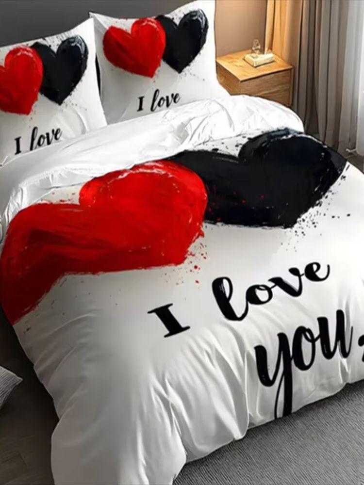 3D Love Heart Design Duvet Cover Set, 100% Polyester, Abstract Pattern, All-Season Soft Sanded Fabric Digital Bedding Set