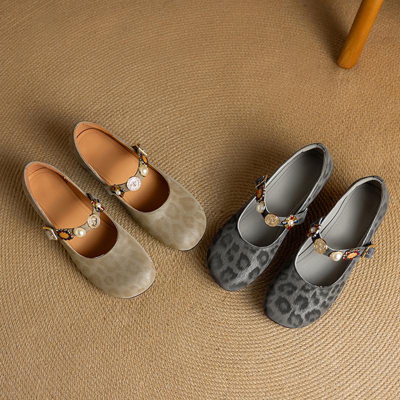 Krazing Pot Stain Sheep Skin Summer Size 40 Mary Janes Low Heels Gray Color Leopard Prints Round Toe Elegant Shallow Pumps