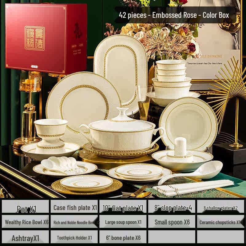 Jingdezhen Embossed Rose 42-Piece Bone China Dinnerware Set