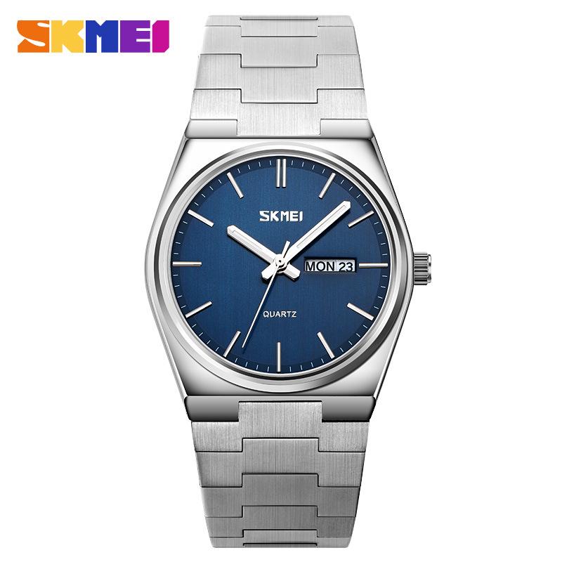 Skmei Men's Business Casual Quartz Watch, Stainless Steel, Double Calendar, Thin Design