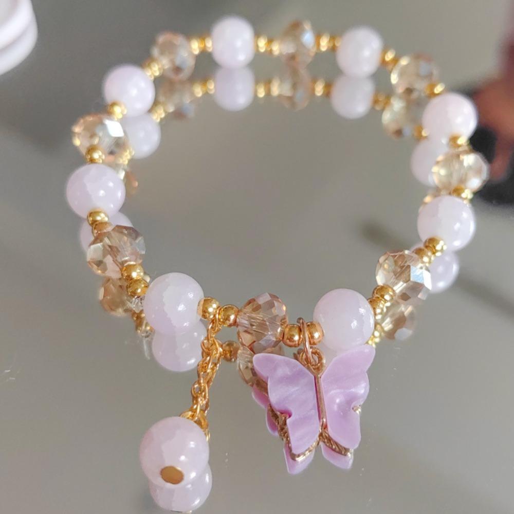 New Sweet Fashion Butterfly Pendant Tassel Imitation Jade Cracked Crystal Elastic Beaded Bracelet for Women Girl Zircon Gifts