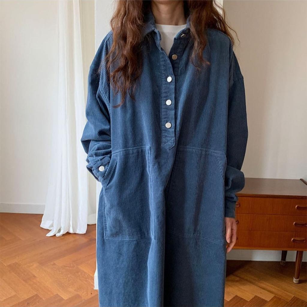 LYRIA Long Dress Women Dresses Turn Down Collar Corduroy A Line Vestidos Maxi Mom Jeans Streetwear Casual Loose Y2k Dress