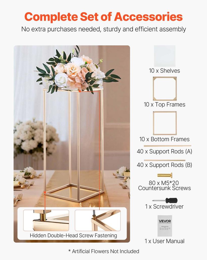 Wedding Flower Stand, 10PCS 60cm Column Flower Stand, Floral Stands with Acrylic Laminate, Gold Rectangular Floral Display Rack for Wedding, Party,