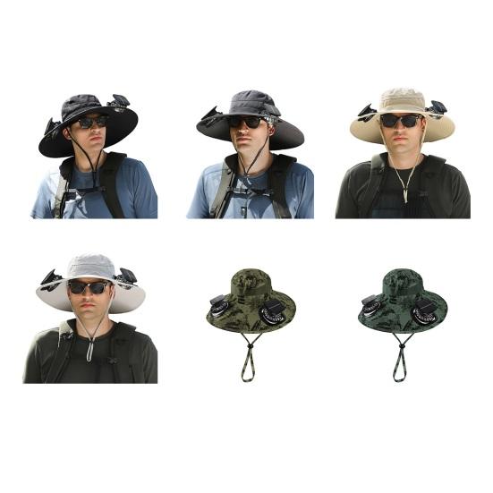Fisherman Hat with Dual Brushless Cooling Forehead Neck Solar Fans UPF50 Anti-UV Fabric Wide Brim Adjustable