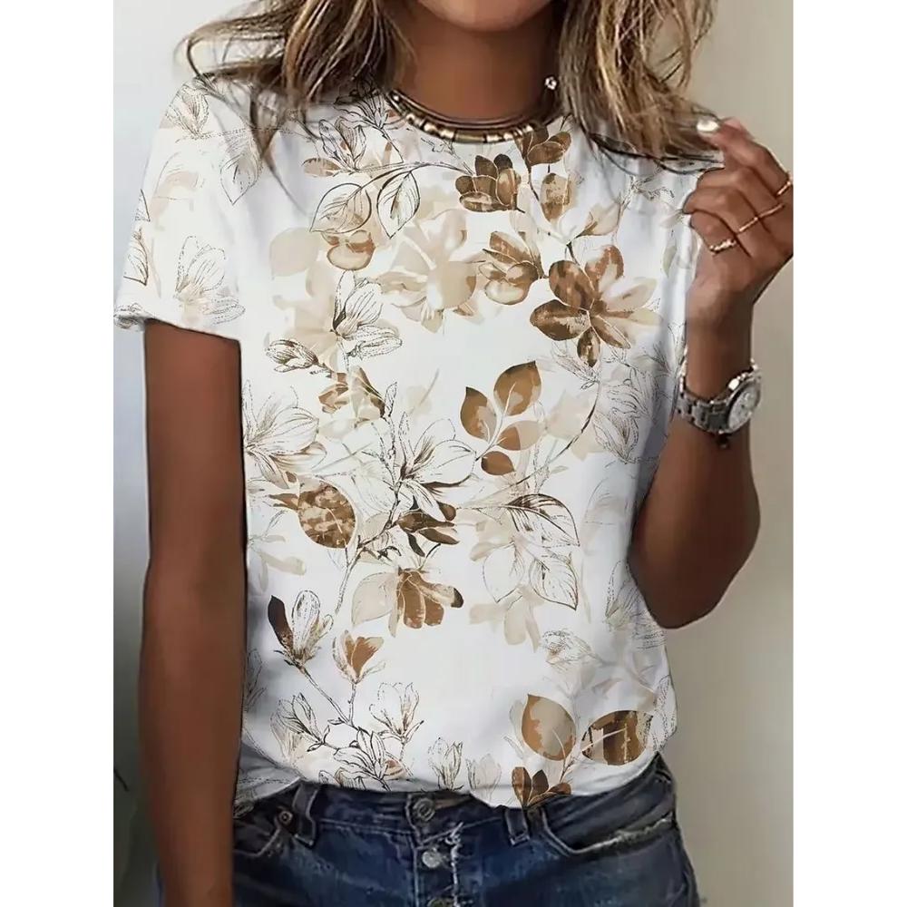 Daily Versatile Flower Women's Printed Crew Neck Top Short Sleeve Casual T-Shirts Women’s