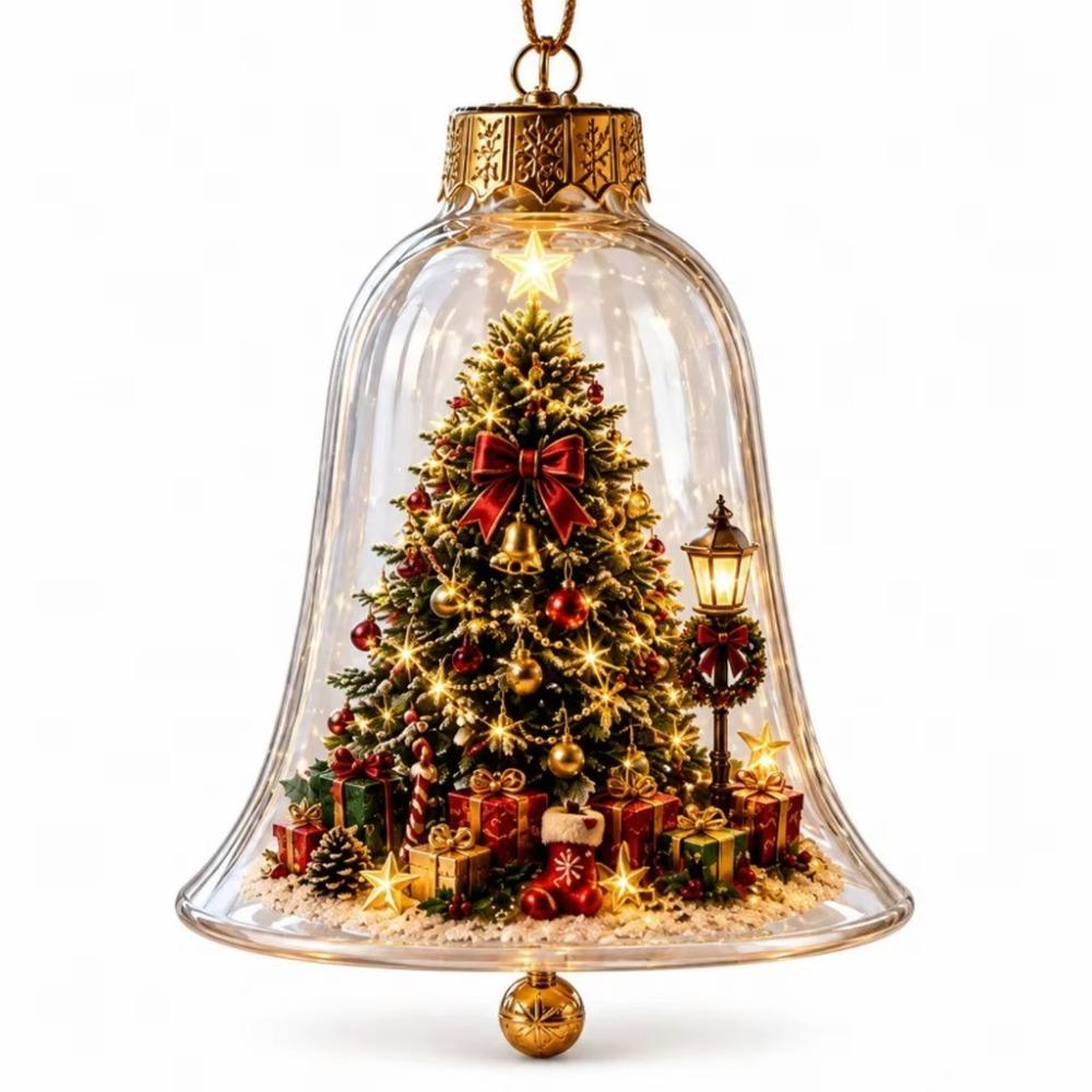 Transparent Lighted Christmas Bell Ornament Acrylic Cartoon Style Clear Christmas Bauble Ornament LED Lighted Plastic