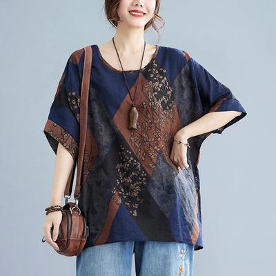 Cotton and Linen Women's Blouse Retro Mother Summer Short-sleeved T-shirt Printed Pullover Shirt