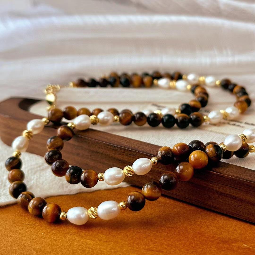 

Vintage High Quality Natural Freshwater Pearl Natural Tiger S Eye Stone Clavicle Chain Maillard Style Necklace