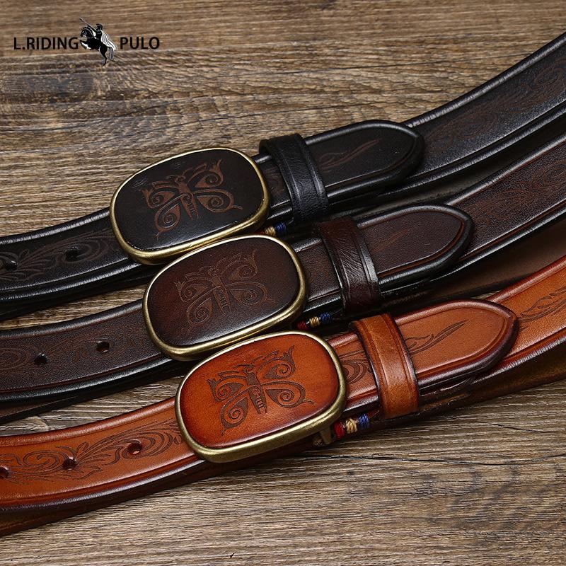Retro All-match Laser Engraved Pattern Trendy Smooth Buckle Belt Men's Buckle Genuine Leather Casual Belt