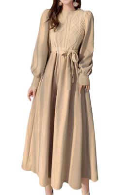 Chubikime Long Long Women's Dress, Knit, Layered, Midi, Sleeve, A-Line, Slimming, Ribbon, Stylish, Casual, Fall/Winter/Spring