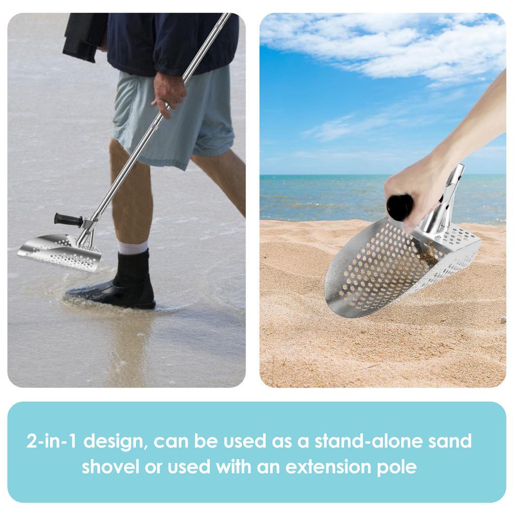 304 Stainless Steel Beach Sand Scoop Metal Detecting with Removable Long Handle Fast Sifting Metal Treasure Hunting Shovel Tool