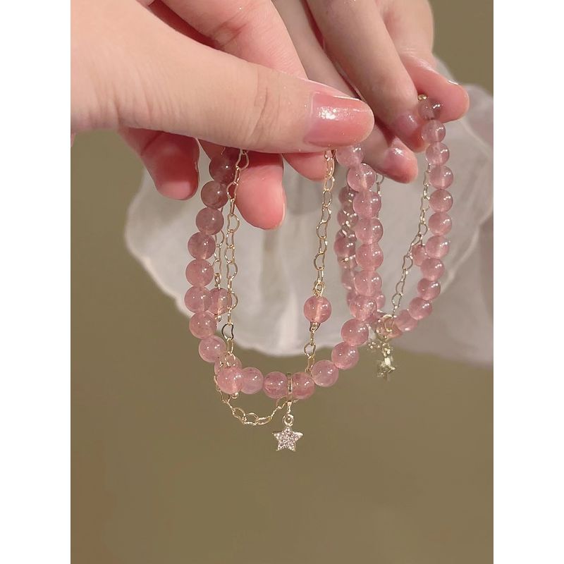 

Браслет из клубничного кварца Chuo Chuo, серия с кисточками, плетеный шнурок с бусинами-цепочками, милый, для молодых взрослых, тканый ручной ремешок Star tassel