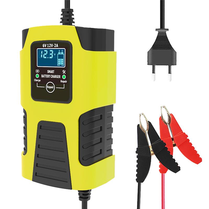Automatic 2A 6V 12V Car Battery Charger Lead-Acid GEL AGM Wet Calcium Deep Cycle VRLA Pulse Repair with LCD Display Yellow EU Plug