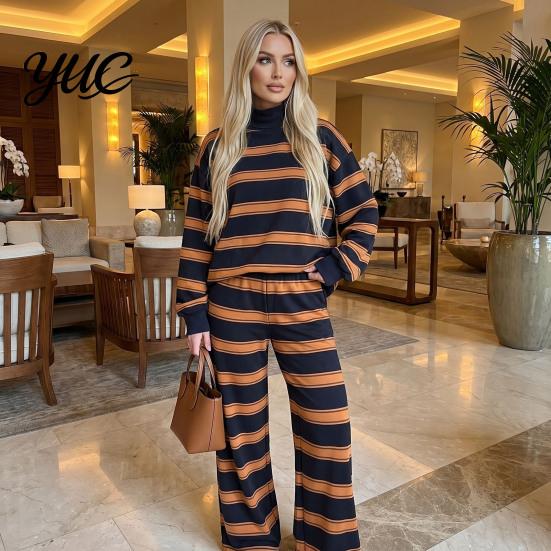 Comfy Sleepwear Sets 2Pcs/Set Women Casual Tracksuit, Mock Neck Long Sleeve Tops, Wide Hoodie Track Pants Leg Sweatpants, Striped Print Outfit