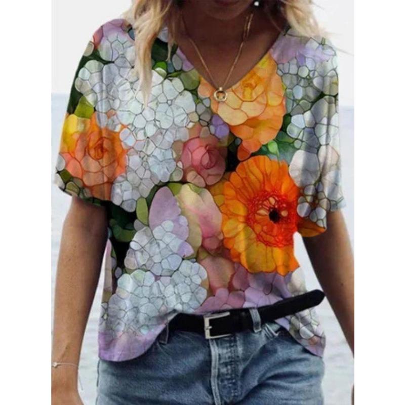 Sommer Graffiti Blume 3D-gedrucktes Kurzarm Damen V-Ausschnitt Buntes Lässiges Vielseitiges T-Shirt